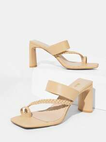 度假杏T字帶涼鞋適合女士,編織細節腳趾環設計粗跟涼鞋 - 杏色 - 查看 2