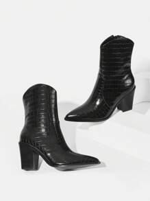 Styleloop Giày bốt phương Tây dập nổi cá sấu nữ, Giày cao gót thời trang Chunky cho kỳ nghỉ hè Giày giảm giá mùa hè - màu đen - Xem 1