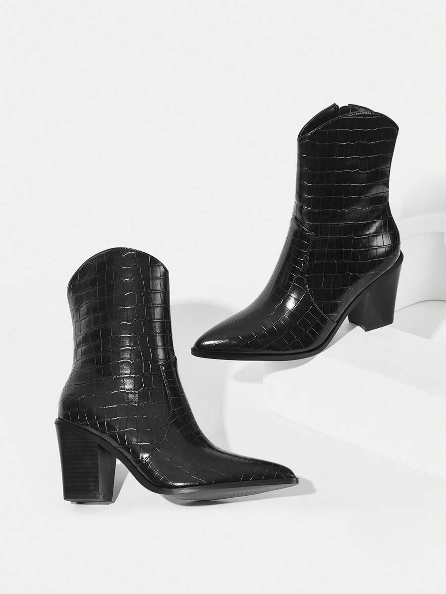 Styleloop Giày bốt phương Tây dập nổi cá sấu nữ, Giày cao gót thời trang Chunky cho kỳ nghỉ hè Giày giảm giá mùa hè - màu đen - Xem 1