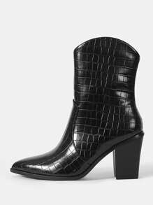 Styleloop Giày bốt phương Tây dập nổi cá sấu nữ, Giày cao gót thời trang Chunky cho kỳ nghỉ hè Giày giảm giá mùa hè - màu đen - Xem 2