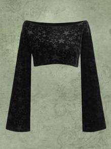 ROMWE Fairycore 星星圖案絲絨短款T恤 - 黑色 - 查看 2