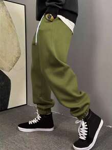 Manfinity Hypemode 男士腰部抽繩斜口袋衛褲 - 軍綠色 - 查看 3