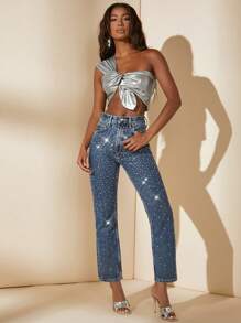 SHEIN BAE Top crop de un hombro girante delantero - Plateado - Ver 3