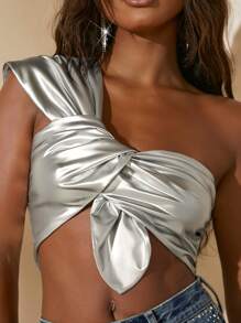 SHEIN BAE Top crop de un hombro girante delantero - Plateado - Ver 6