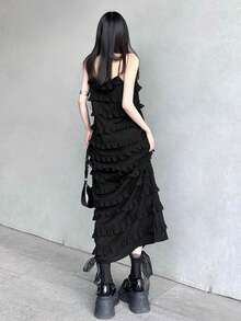 Solid Layer Ruffle Trim Cami Dress