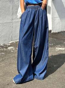 DAZY 素色闊腿牛仔褲 - 深色水洗藍 - 查看 1