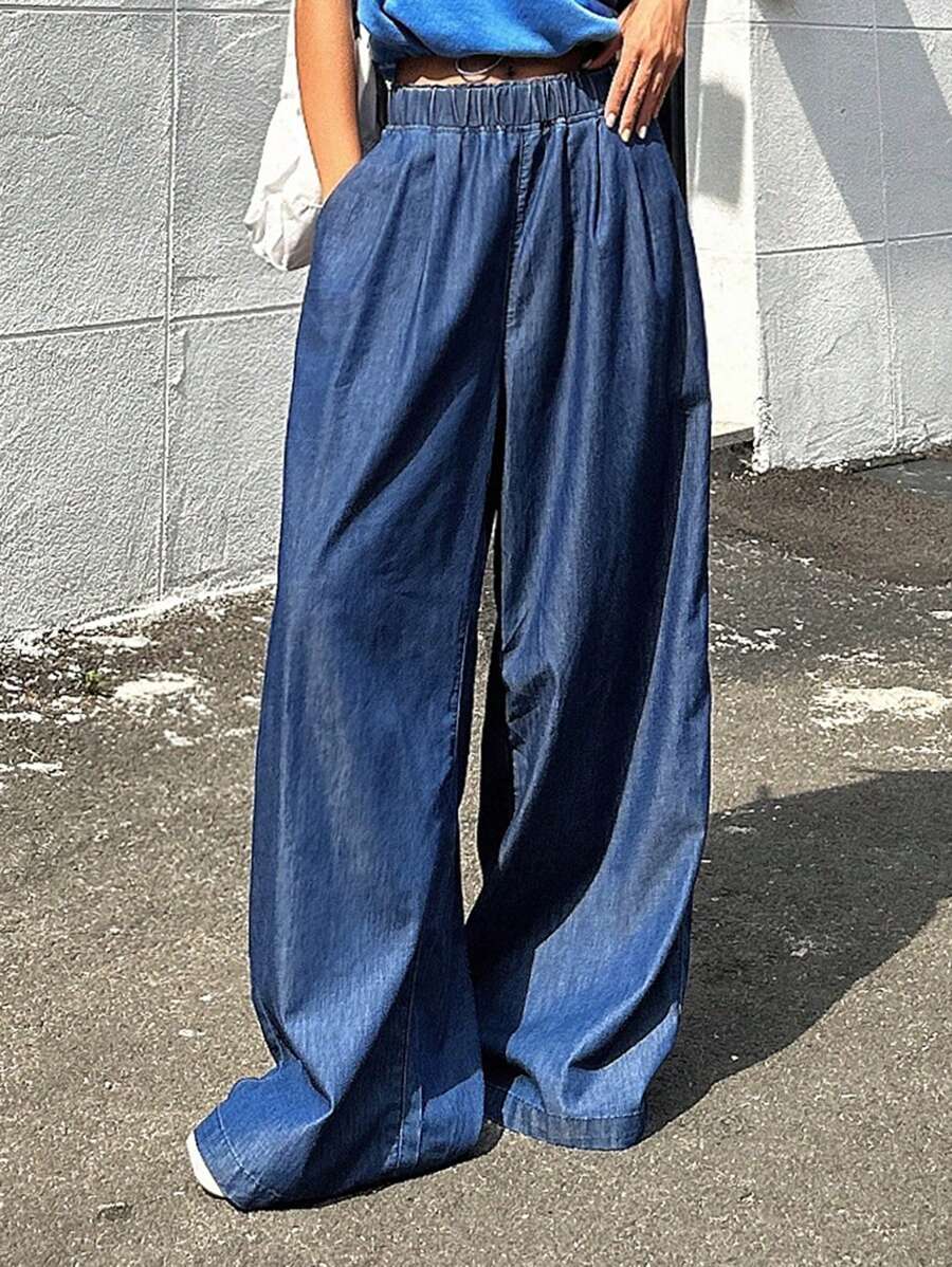 DAZY 素色闊腿牛仔褲 - 深色水洗藍 - 查看 1