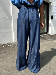 DAZY 素色闊腿牛仔褲 - 深色水洗藍 - 查看 2