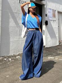 DAZY 素色闊腿牛仔褲 - 深色水洗藍 - 查看 4