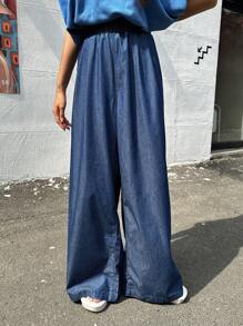 DAZY 素色闊腿牛仔褲 - 深色水洗藍 - 查看 5