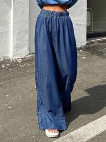 DAZY 素色闊腿牛仔褲 - 深色水洗藍 - 查看 6