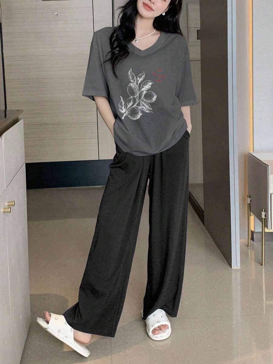 DAZY 字母圖案落肩T恤和褲子休閒服套裝 - 深灰色 - 查看 1