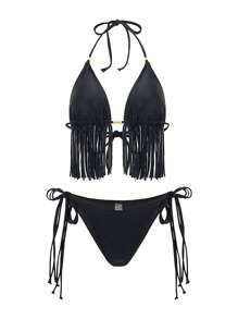 SHEIN Fringe Hem Halter Triangle Tie Side Bikini Set For Summer Beach - Black - View 6