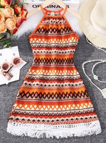 SHEIN Tween Girl Geo Print Fringe Hem Halter Neck Dress - Multicolor - View 1
