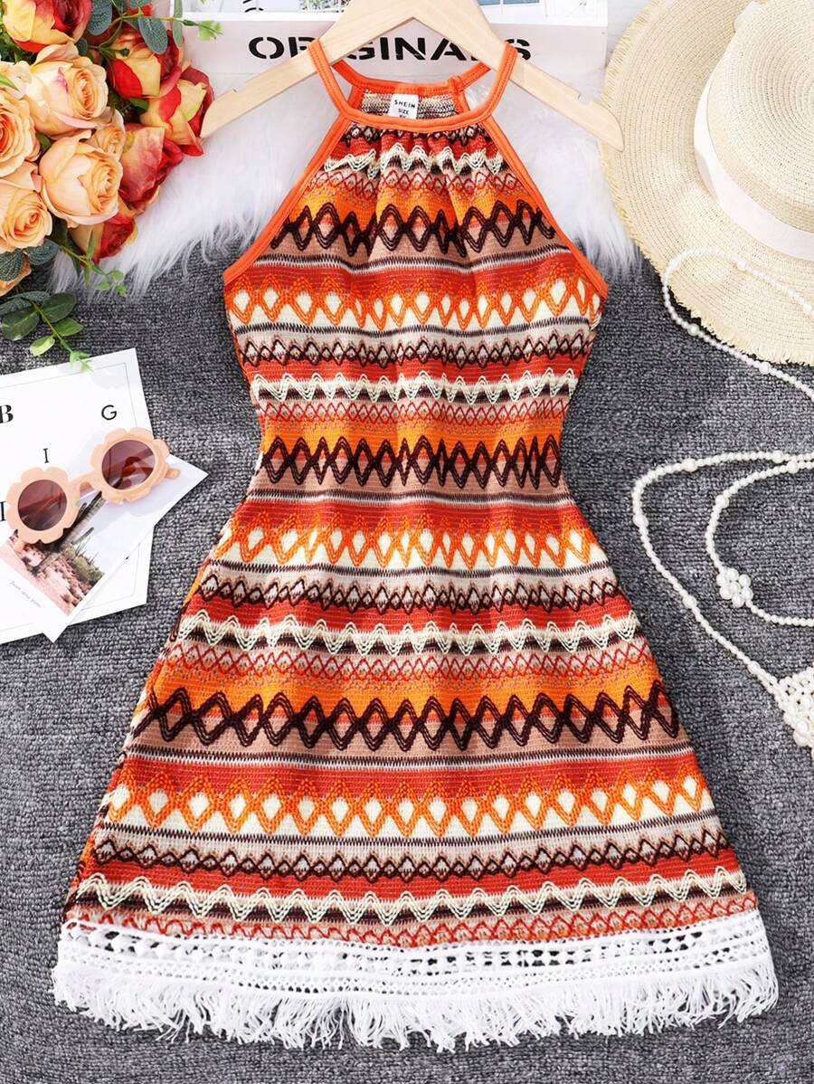 SHEIN Tween Girl Geo Print Fringe Hem Halter Neck Dress - Multicolor - View 1
