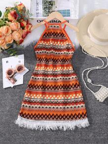 SHEIN Tween Girl Geo Print Fringe Hem Halter Neck Dress - Multicolor - View 2