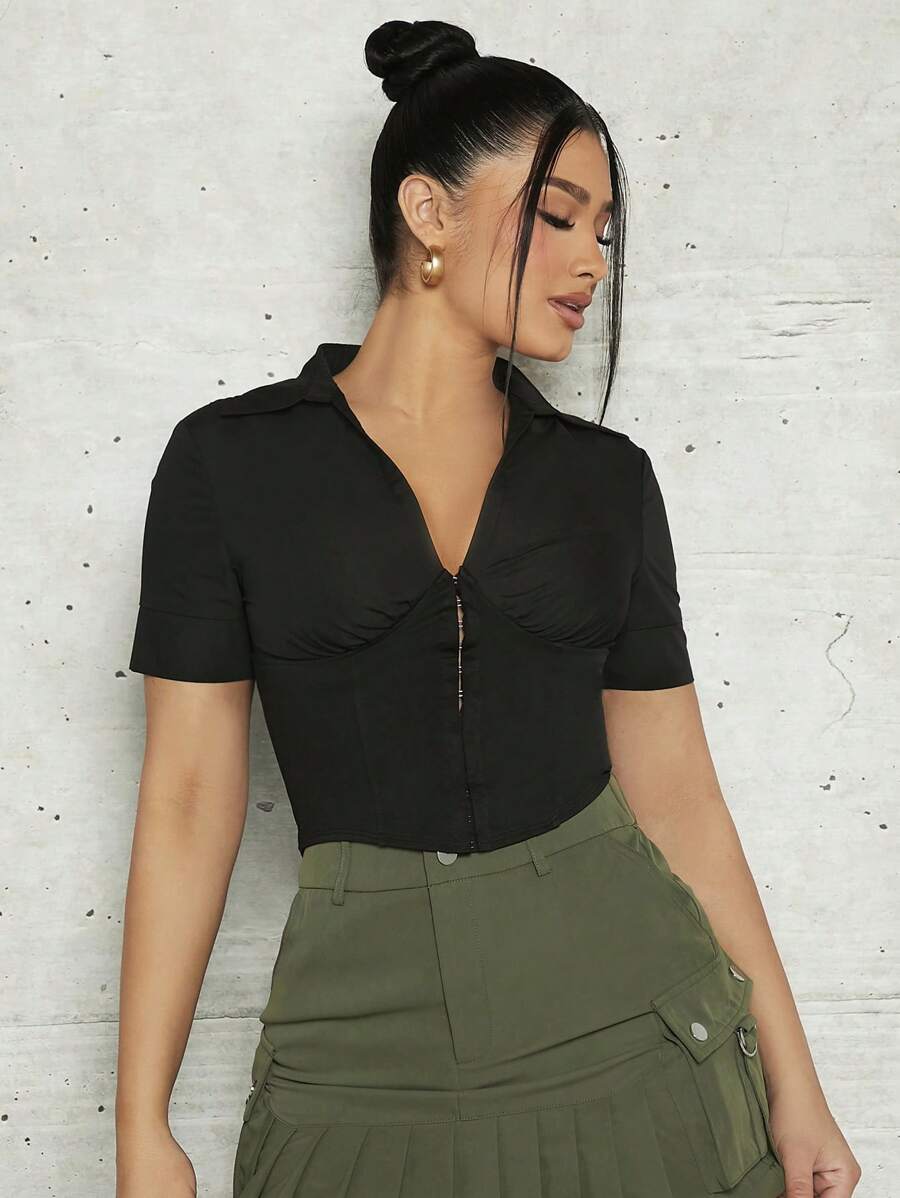 SHEINNeu Krok och Öga Framtill Skjorta - Svart - Visa 1