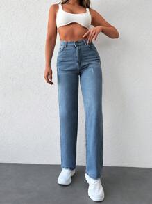 Cottnline Jeans de pierna recta con bolsillo oblicuo - Azul lavado oscuro - Ver 3
