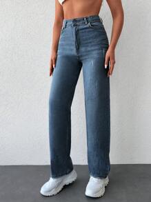 Cottnline Jeans de pierna recta con bolsillo oblicuo - Azul lavado oscuro - Ver 4
