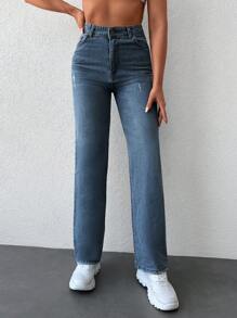 Cottnline Jeans de pierna recta con bolsillo oblicuo - Azul lavado oscuro - Ver 5