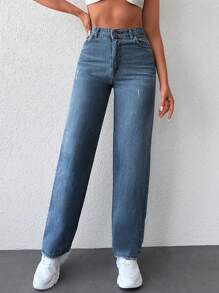 Cottnline Jeans de pierna recta con bolsillo oblicuo - Azul lavado oscuro - Ver 6