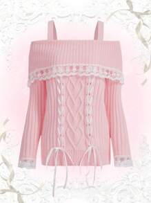ROMWE Kawaii Contrast Lace Lace Up Front Cold Shoulder Sweater - Pink - View 1