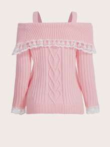 ROMWE Kawaii Contrast Lace Lace Up Front Cold Shoulder Sweater - Pink - View 2