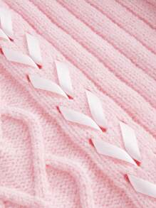 ROMWE Kawaii Contrast Lace Lace Up Front Cold Shoulder Sweater - Pink - View 3