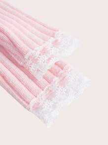 ROMWE Kawaii Contrast Lace Lace Up Front Cold Shoulder Sweater - Pink - View 4