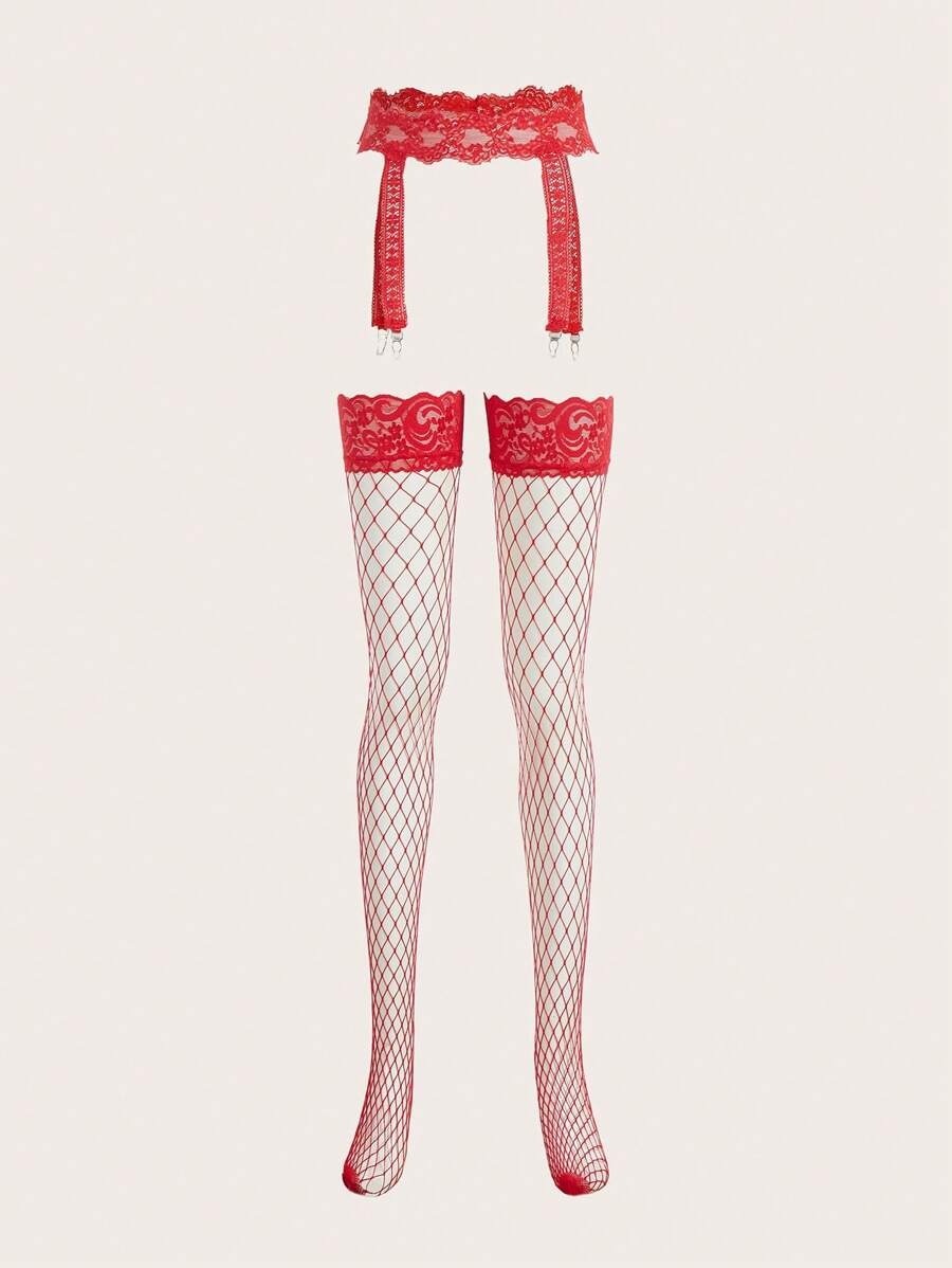 Lace Garter Belt & Stocking Without Panty Bridallingerie - Red - View 1