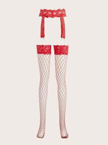 Lace Garter Belt & Stocking Without Panty Bridallingerie - Red - View 2