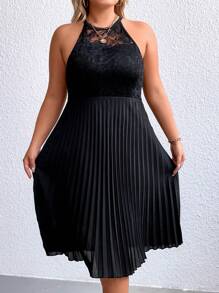 Celure Plus Contrast Lace Pleated Hem Halter Neck Dress