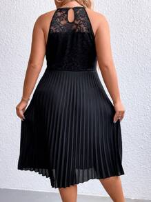 Celure Plus Contrast Lace Pleated Hem Halter Neck Dress