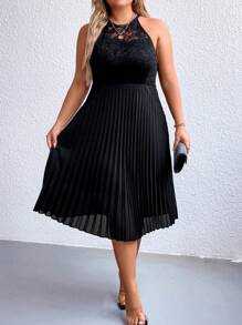 Celure Plus Contrast Lace Pleated Hem Halter Neck Dress