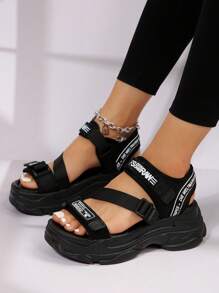 女性魔術貼字母圖案運動涼鞋,運動戶外織物運動涼鞋 - 黑色 - 查看 2