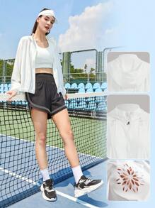 CourtClass Zip Up Hooded Sports Jacket,Women Tennis Outfit - White - View 2