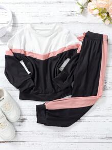 SHEIN Cô Gái Trẻ Khối màu Áo nỉ & Tương phản Đường may bên Quần thể thao - màu đen - Xem 3