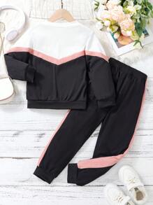 SHEIN Cô Gái Trẻ Khối màu Áo nỉ & Tương phản Đường may bên Quần thể thao - màu đen - Xem 2