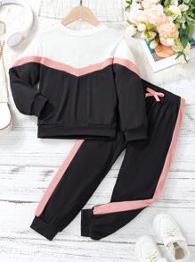 SHEIN Cô Gái Trẻ Khối màu Áo nỉ & Tương phản Đường may bên Quần thể thao - màu đen - Xem 1