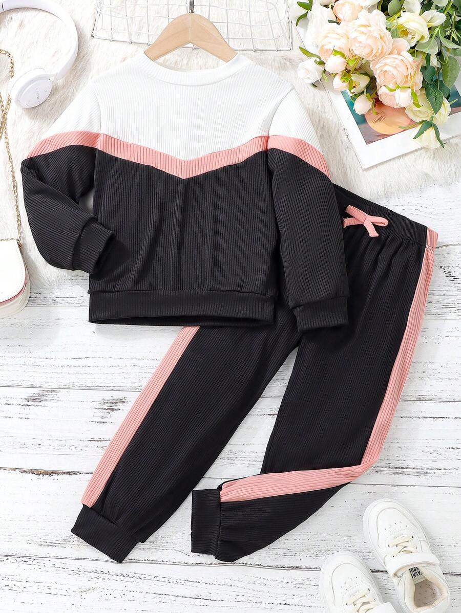 SHEIN Cô Gái Trẻ Khối màu Áo nỉ & Tương phản Đường may bên Quần thể thao - màu đen - Xem 1