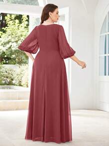UNITHORSE 大碼深V領燈籠袖雪紡伴娘連衣裙 - 紅木色 - 查看 3