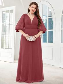 UNITHORSE 大碼深V領燈籠袖雪紡伴娘連衣裙 - 紅木色 - 查看 4