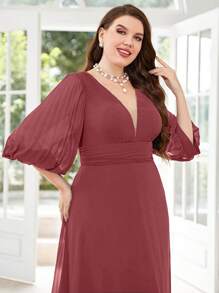 UNITHORSE 大碼深V領燈籠袖雪紡伴娘連衣裙 - 紅木色 - 查看 6