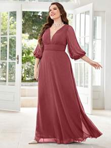 UNITHORSE 大碼深V領燈籠袖雪紡伴娘連衣裙 - 紅木色 - 查看 7