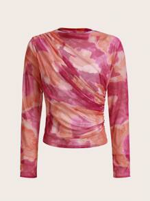 Aveloria Top de tie dye fruncido de malla