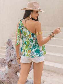 Rusttydustty 印花單肩側打結襯衫 - 綠色 - 查看 2