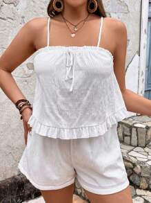 SHEIN VCAY Hơn Tie Trước Xù Hoa Sen Áo Cami & Quần short - trắng - Xem 3