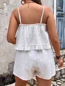 SHEIN VCAY Hơn Tie Trước Xù Hoa Sen Áo Cami & Quần short - trắng - Xem 2