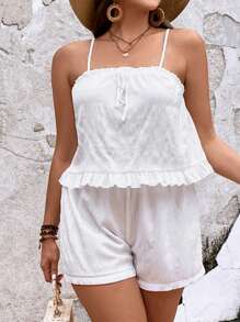 SHEIN VCAY Hơn Tie Trước Xù Hoa Sen Áo Cami & Quần short - trắng - Xem 4