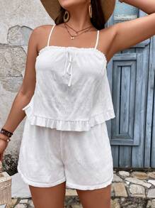 SHEIN VCAY Hơn Tie Trước Xù Hoa Sen Áo Cami & Quần short - trắng - Xem 5